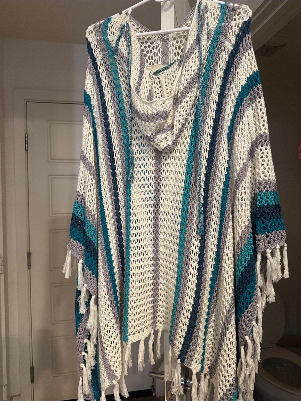 lovestitch Open-Knit Hooded Fringe Poncho in White, Teal & Gray - Picture 1 of 2